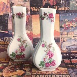 Set of 2 - 5 Inch Vintage 80s Porcelain Floral Pattern Bud Vases Coquette Decor